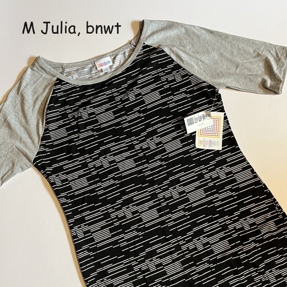 Medium Lularoe Julia dress, black with white stripes, grey sleeves